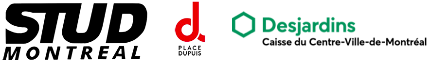 Image montrant les logos de nos partenaires : le Stud, place dupuis, et caisse populaire Desjardins Caisse du Centre-Ville