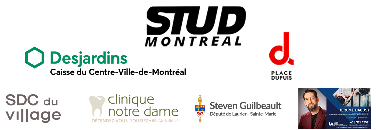 Image montrant les logos de nos partenaires : le Stud, place dupuis, et caisse populaire Desjardins Caisse du Centre-Ville